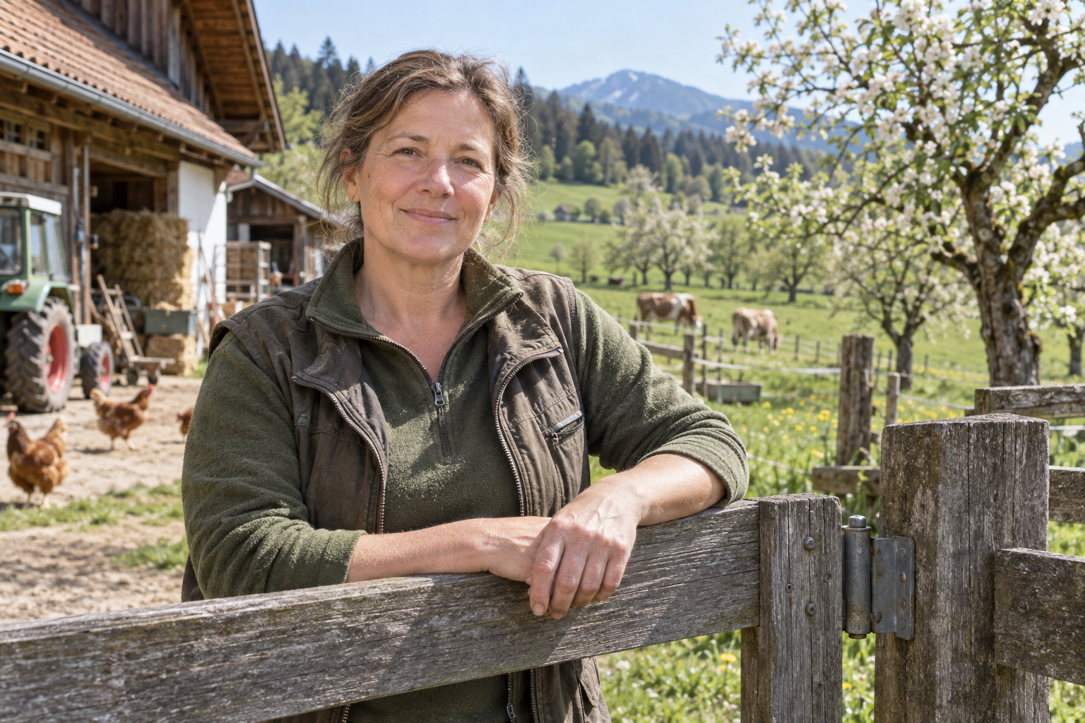 Bäuerin am Hoftor mit Wiese und Obstgarten